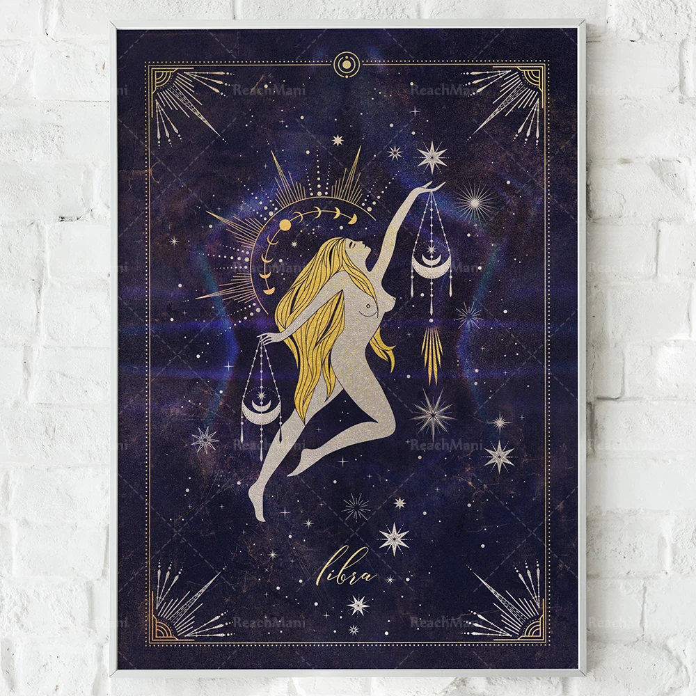 طباعة زودياك، رونية النجمة والقمر، ديكور سماوي، ملصق طباعة قماشي لتزيين السحر