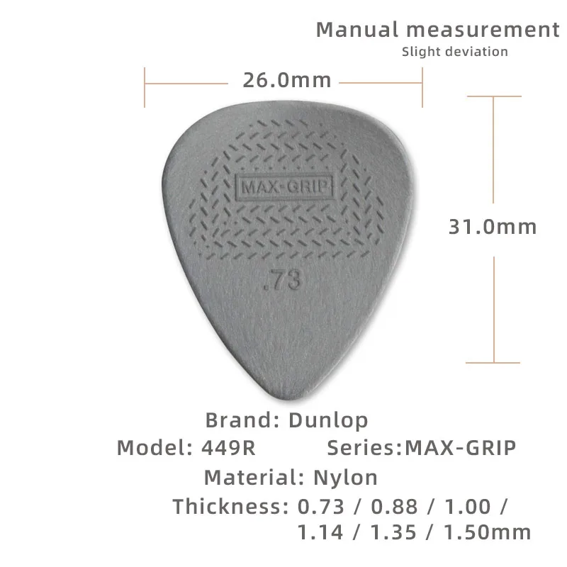 Dunlop-Pick. 449R MAX-GRIP rutschfeste Akustikgitarrenplektrum aus Nylon. Dicke 0,6/0,73/0,88/1,00/1,14/1,50 mm.