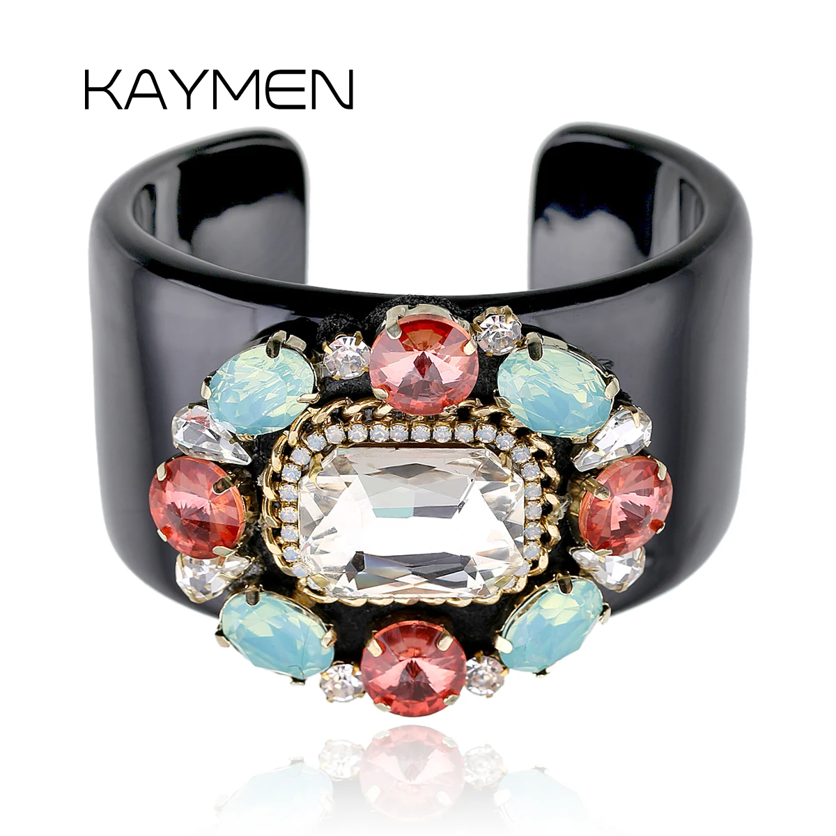 

KAYMEN Black Resin Cuff Bracelet Statement Bangle and Crystal Beads Flower Luxury Handmade Bangle Fashionable Bracelet for Girls