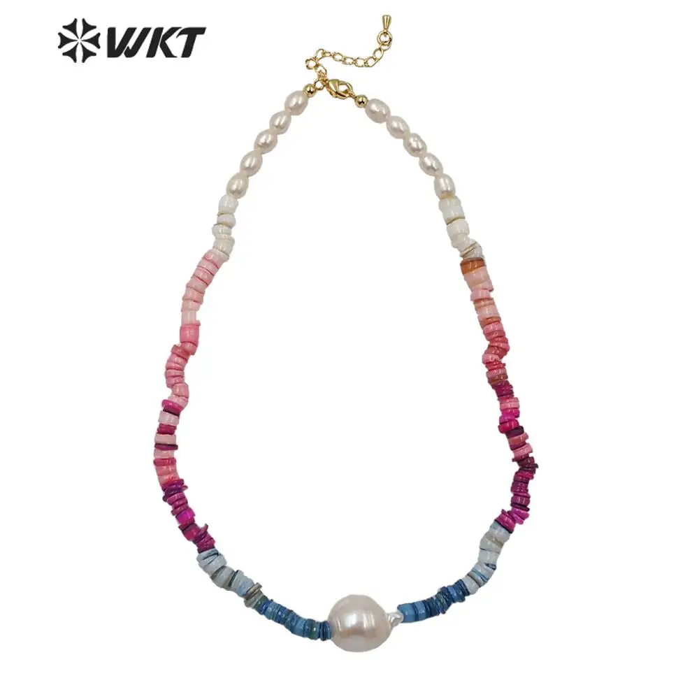 WT-JN114 Wholesale Lovely Colorful Blue&Pink Beads And Baroque Natural Big Pearl Pendant Necklace Woman Fashion Jewelry Gift