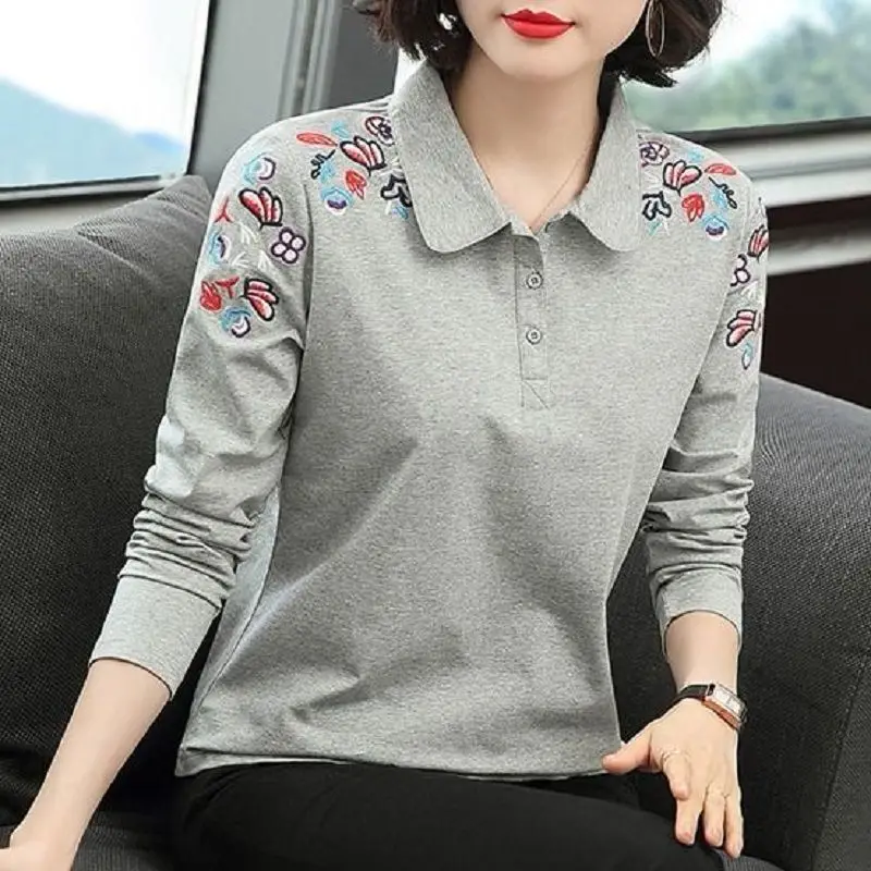 100% Cotton Shirt Women Elegant Blouse Long Sleeve Turn Down Color Tunic Basic Shirts Autumn Ladies Tops Embroidery High Quality