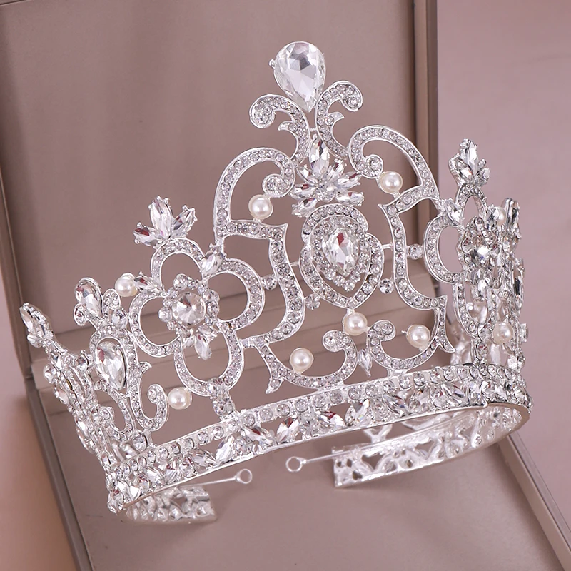 Perla di cristallo Vintage barocca grande diadema corona diadema regina re testa gioielli diademi da sposa accessori per capelli da sposa ornamenti