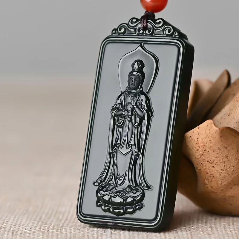 Costly He Tian Jade Bodhisattva Pendant Amulet Carven Two-Sided Netsuke Mascot Blessing