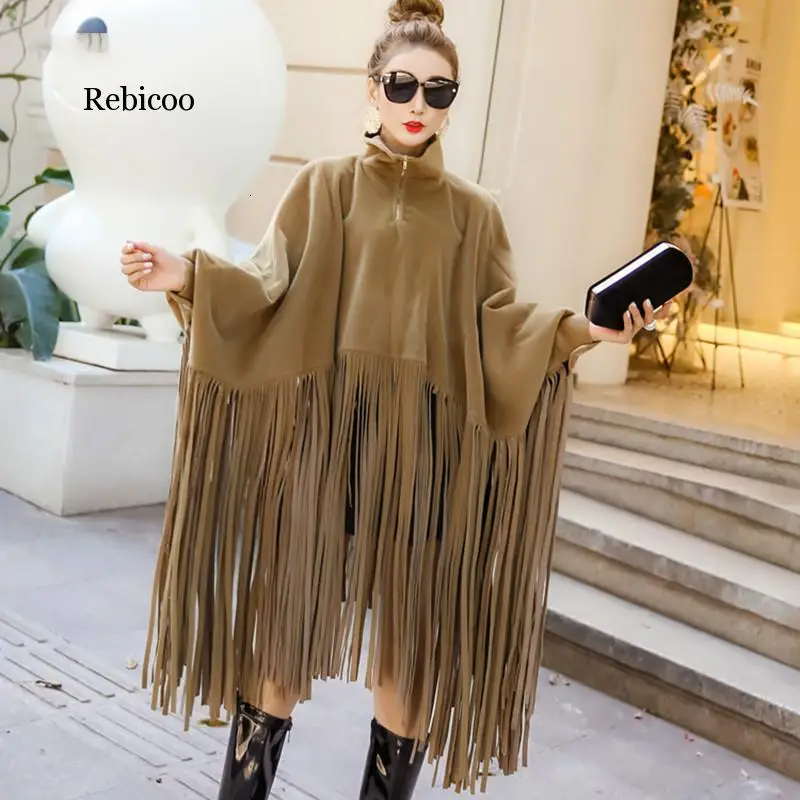 

Autumn Winter Women Overcoat Manteau Fashion Streetwear Batwing Sleeve Faux Mink Cashmere Tassel Cloak Coat