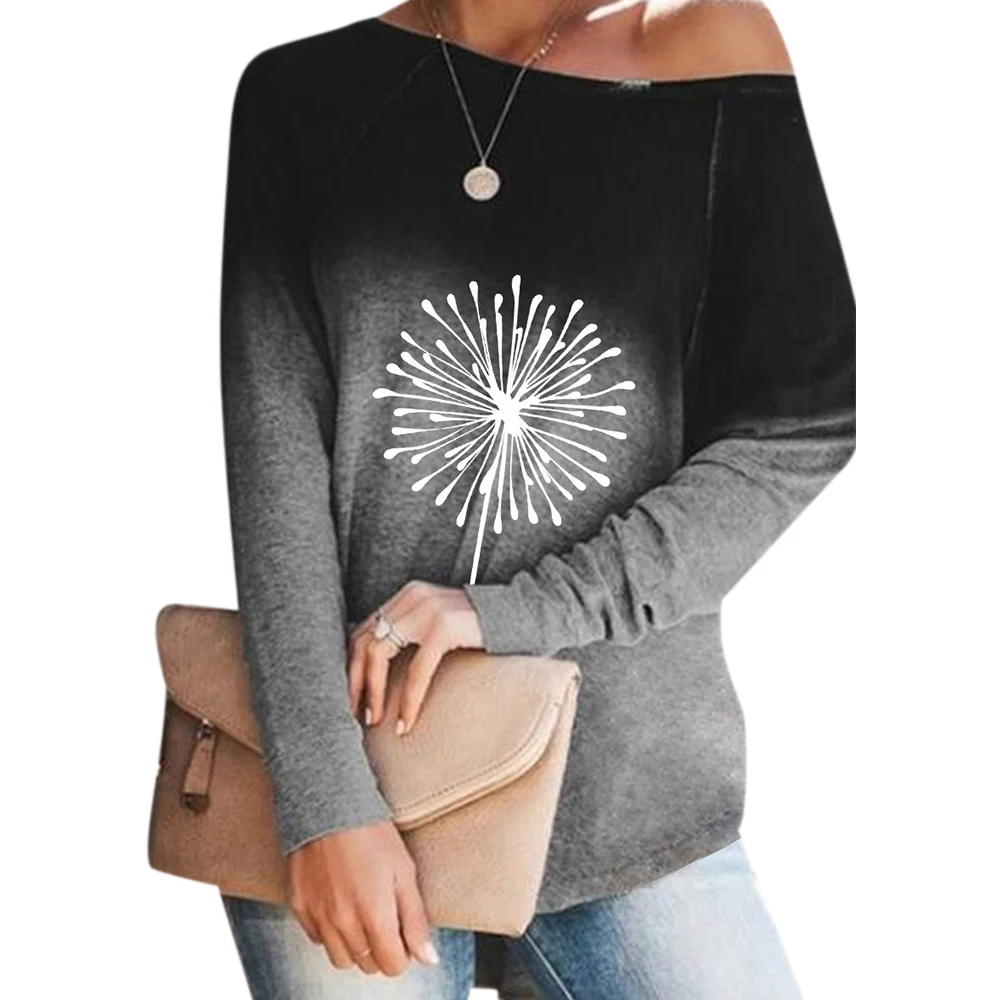 Autumn Elements Long Sleeve Casual Tops Women O-Neck Gradient Single Bunch Dandelion PrintingT-shirt 2021 Hip Hop Loose T-shirt