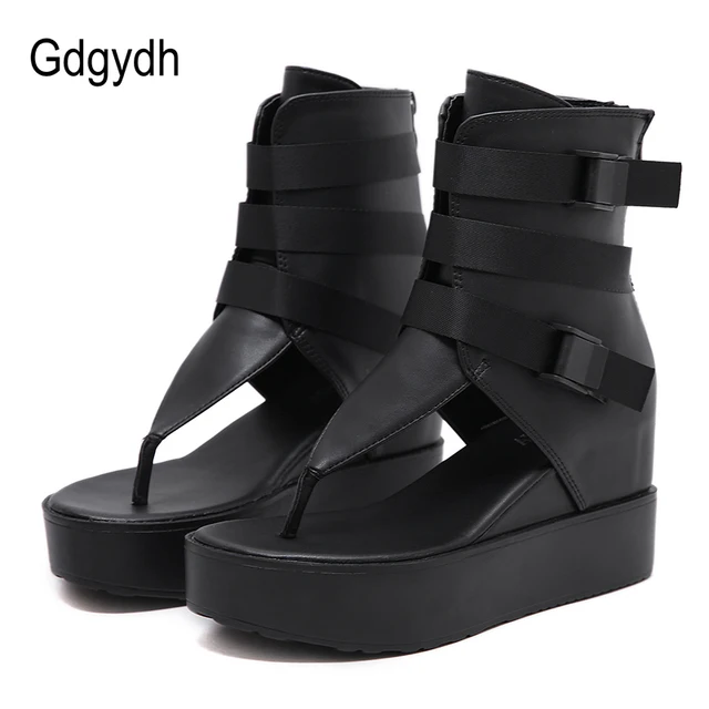 Gdgydh-Chanclas de plataforma para mujer, sandalias de playa con correa en el tobillo, cuñas, zapatos de verano de cuero negro Vintage Europeo Americano con cremallera
