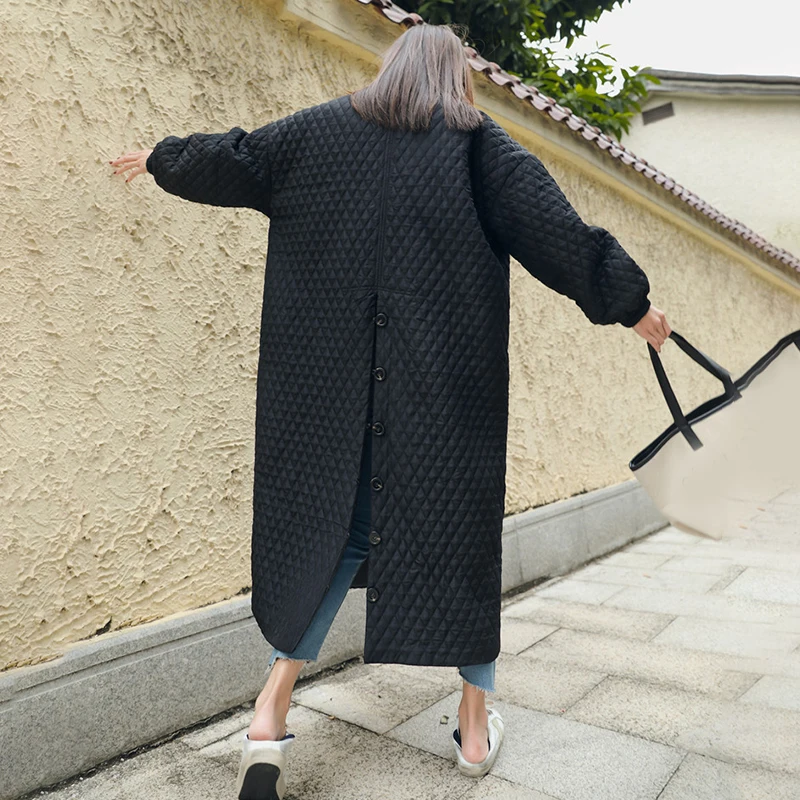 LANMREM-abrigo largo de algodón para mujer, chaqueta femenina de gran tamaño con solapa en la espalda y botones de ventilación, color negro, estilo