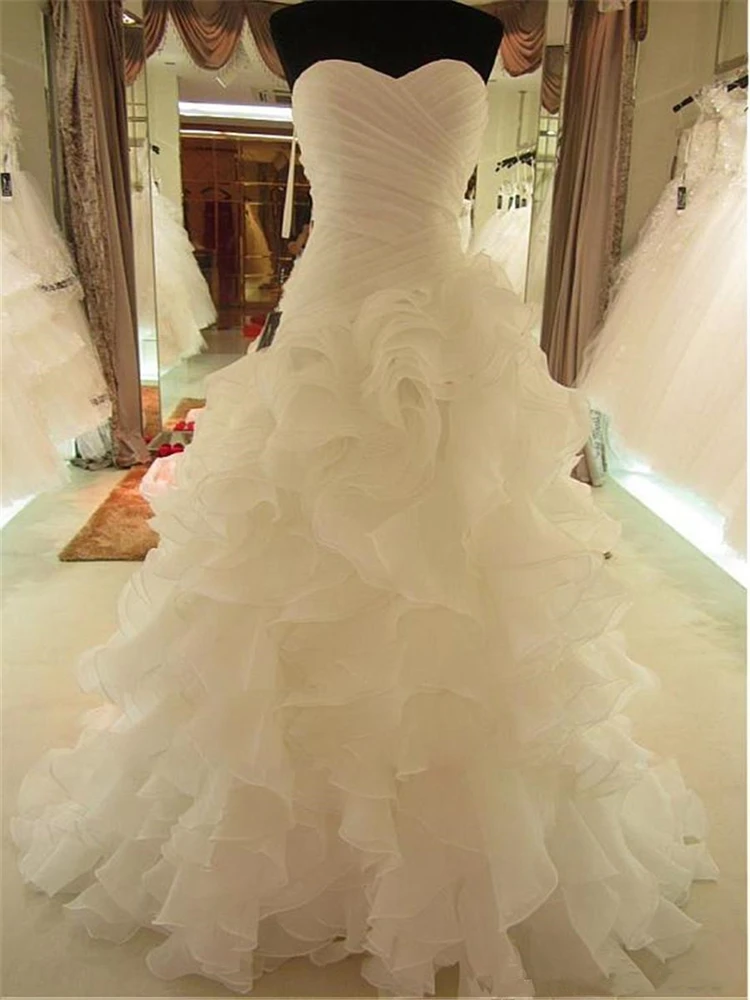 

Strapless Pleated Wedding Dresses Cascading Ruffles A-line Bridal Wedding Gowns Plus Size Wedding Gowns robe de mariee