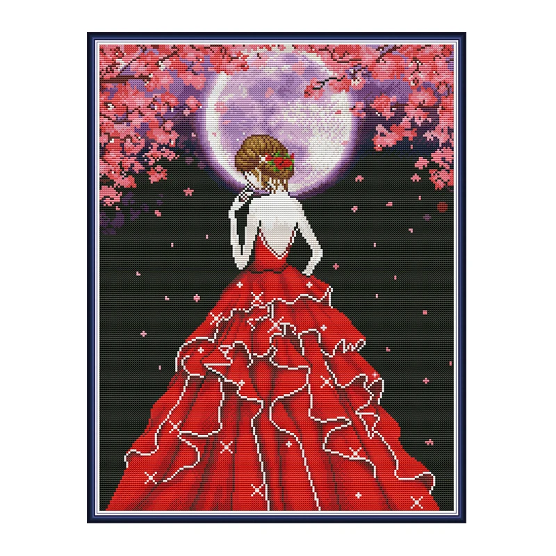 Printing Cross Stitch Embroidery Needlework Kits Pretty Lady on Moonlit Night Stamped Patterns 11CT 14CT Counted Home Decor Sets