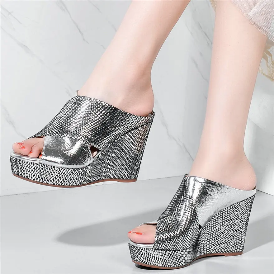 

Casual Shoes Women Silver Genuine Leather Wedges High Heel Gladiator Roman Sandals Female Open Toe Platform Party Pumps Shoes