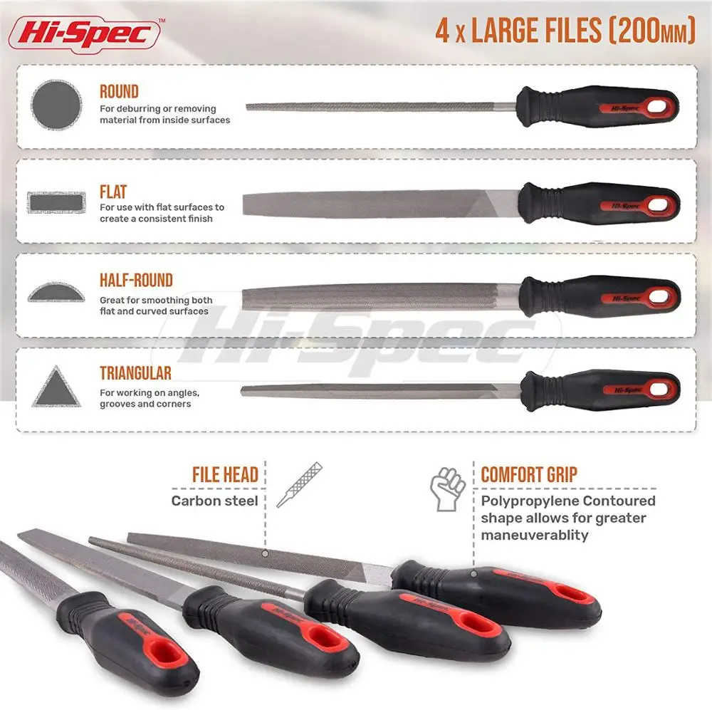 Hi-Spec 16Pc Set File 200Mm Datar Setengah Bulat Bulat Segitiga File Jarum untuk Logam Kaca Perhiasan Alat Kerajinan Ukiran Kayu