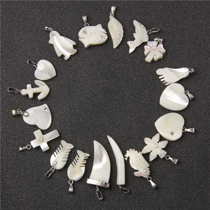 White Natural Shell Mother of Pearl Pendants Animals Charms Teeth Shape Cross MOP Shell Charms For Jewelry Making Necklace DIY