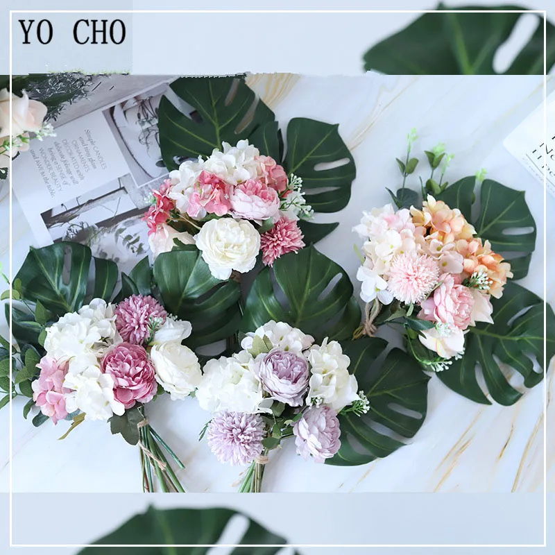 YO CHO-Flores artificiales de peonía, ramo pequeño de Flores, Monstera, decoración para fiesta en casa, Navidad y boda