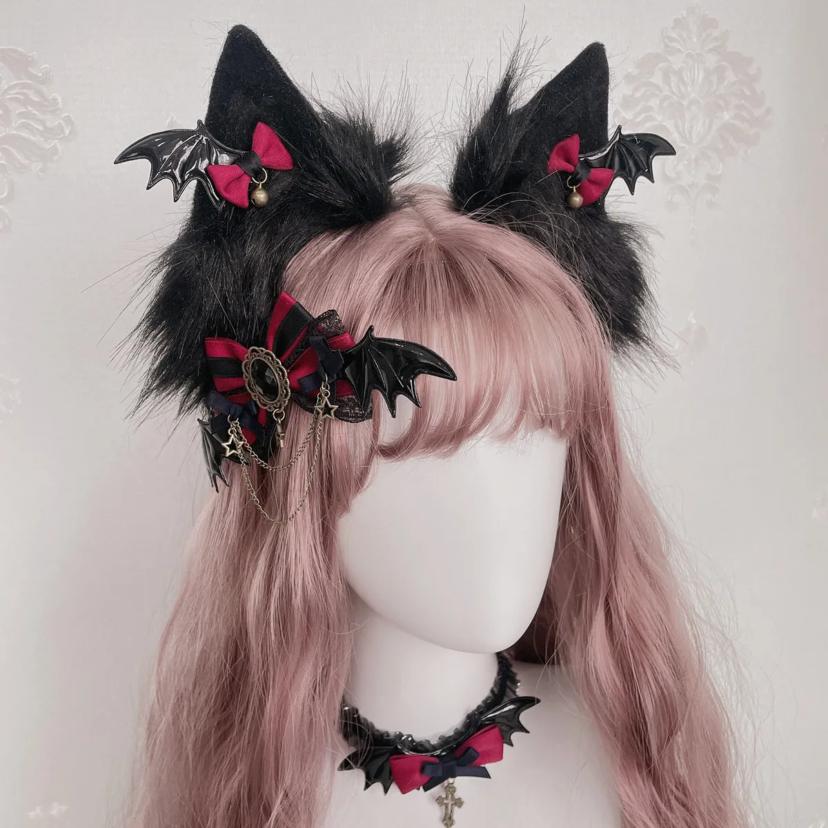 Hand made dark gothic lolita red lo niang KC demon cat ear necklace hair clips