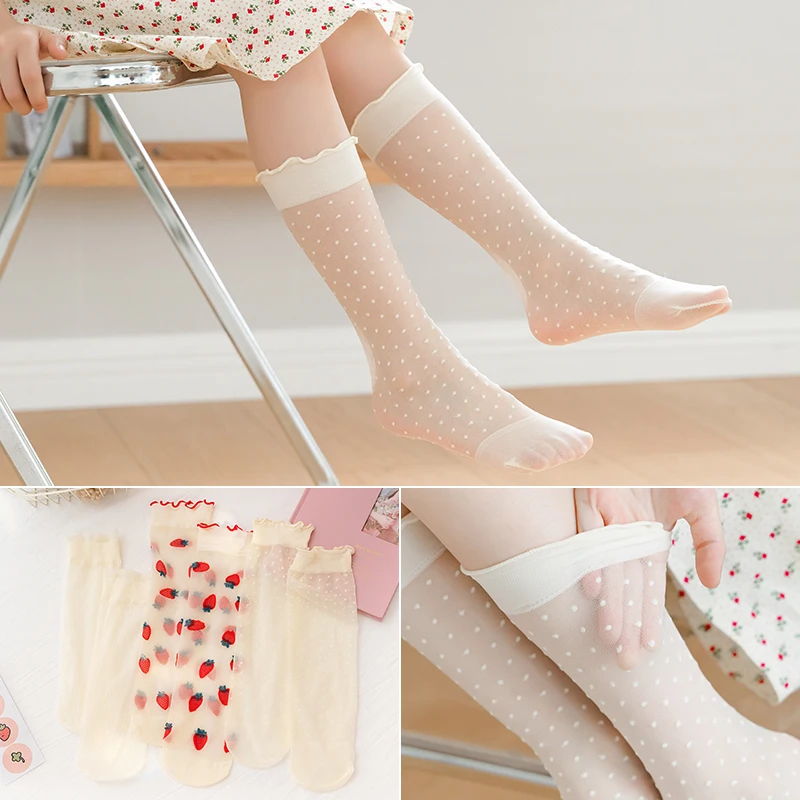 Girls' mid-tube socks summer thin section strawberry fungus mosquito socks summer breathable cotton over-the-knee stockings