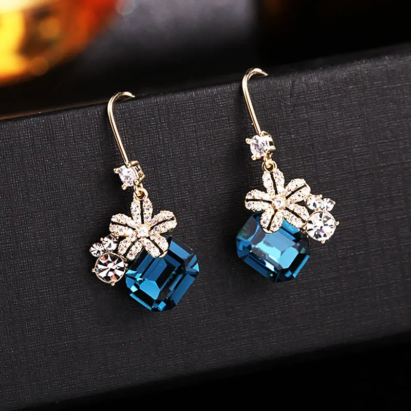 HUAMI Vintage Flower Earrings Crystals Jewelry for Women Drop Earrings S925 Silver Needle Color Lady Wedding Party Gift Brincos