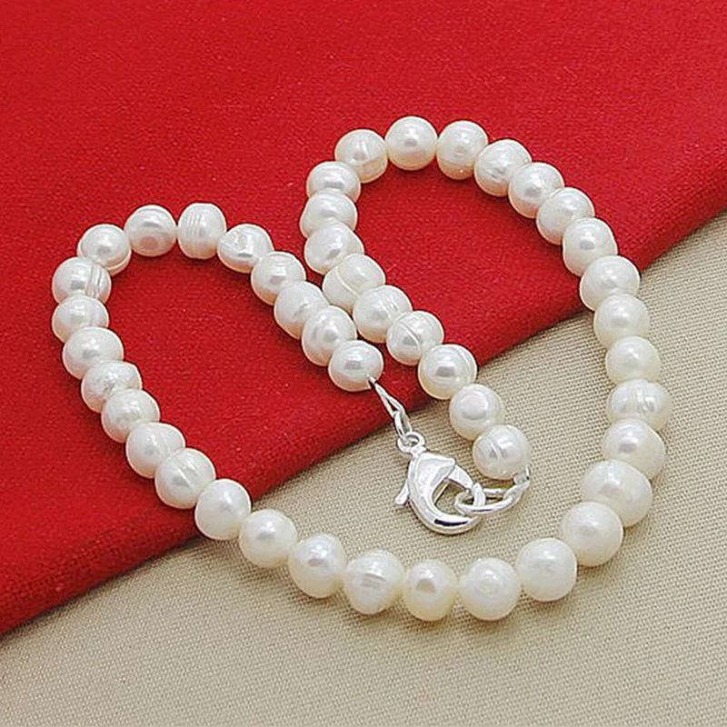 Aravant Fashion Simulated Pearl Jewelry Sets Silver 925 Women White Pearl Necklace Bracelet