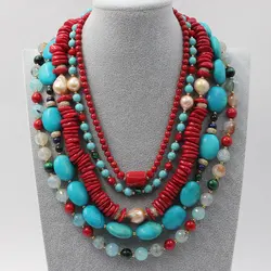 GG 5 Rows Freshwater Keshi Pearl Howlite Rondelle Tiger eye Red Coral Lapis Crystal Statement Necklace Handmade For Women