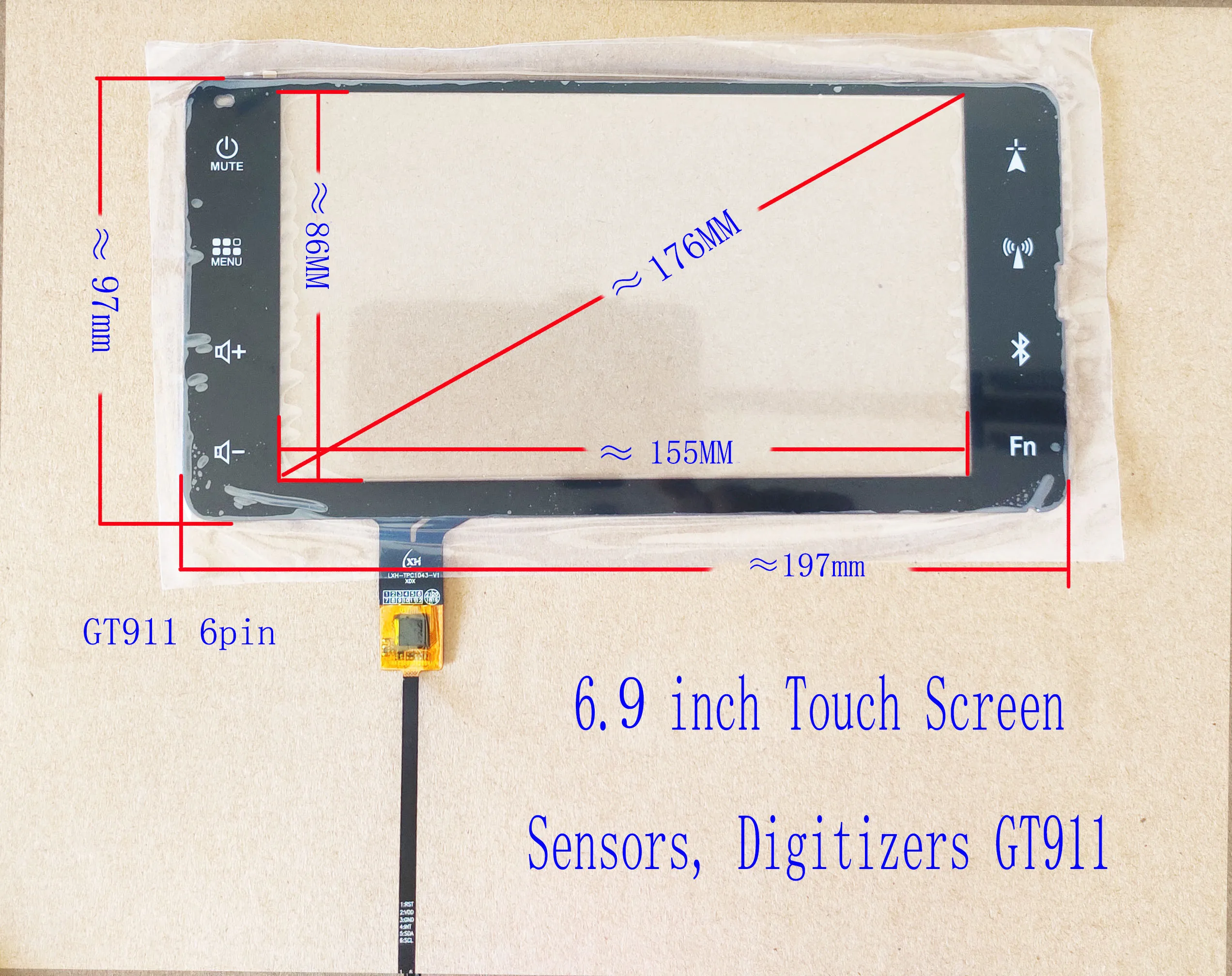 6.9 Inch Touch Screen 197*97mm  Livina Sena LXH-TPC1043-V1  Sensor Digitizer GT911/GT615 6pin   VIOS CROWN COROLLA RAV4 Hyundai