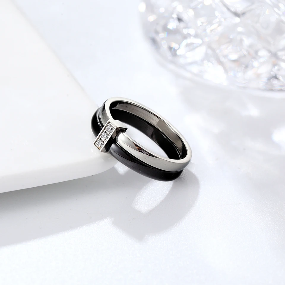 Black Ceramic Ring For Women Two Layers Stainless Steel Inlaid Zircon Thin Rings Unique Design Wedding Engagement Ring