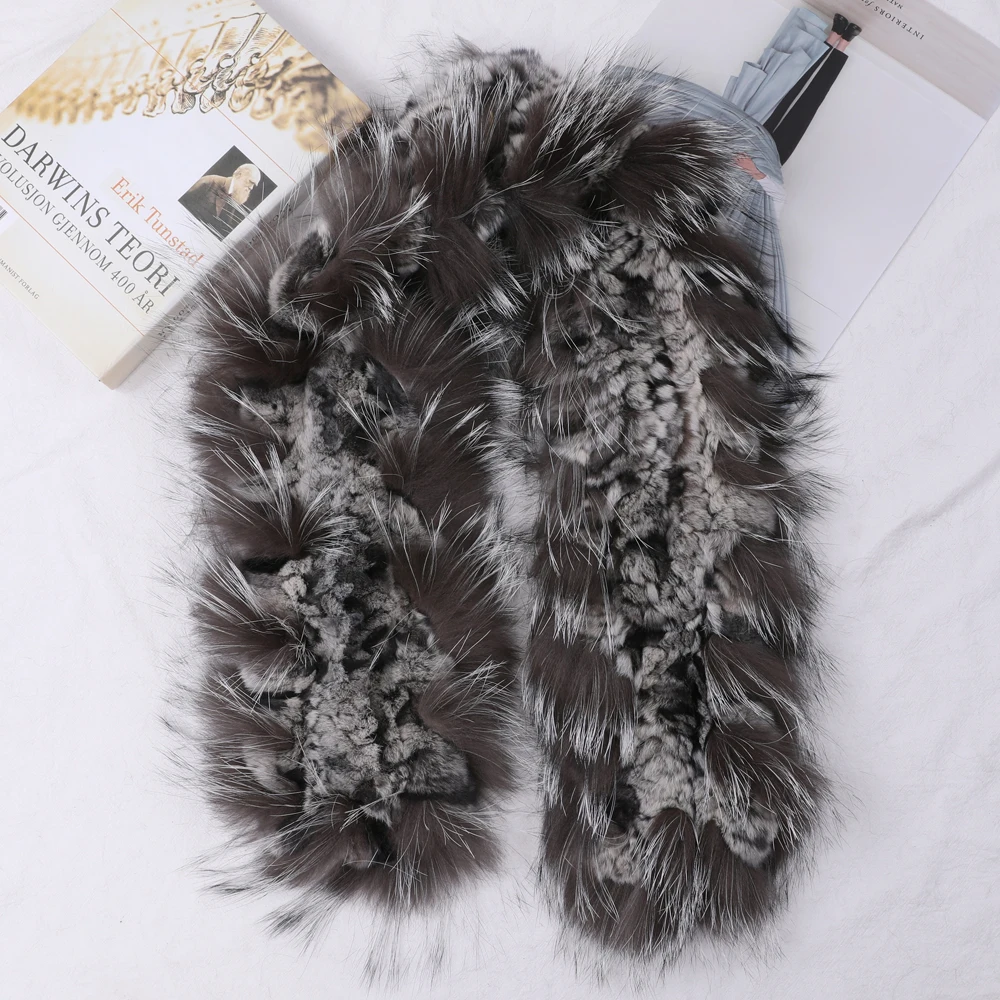 New Winter Women\'s Genuine Real Rex Rabbit Fur Silver Fox Fur Hand Knitted Scarf Scarfs Scarves Wraps Snood Street Fashion