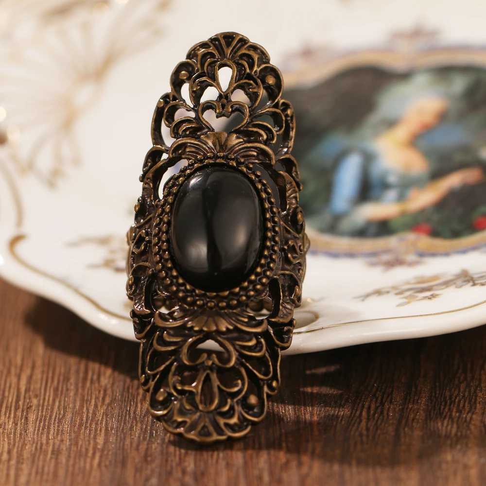 Top quality bohemian black stone ancient bronze ring AAA hollow large oval ring women\'s retro jewelry