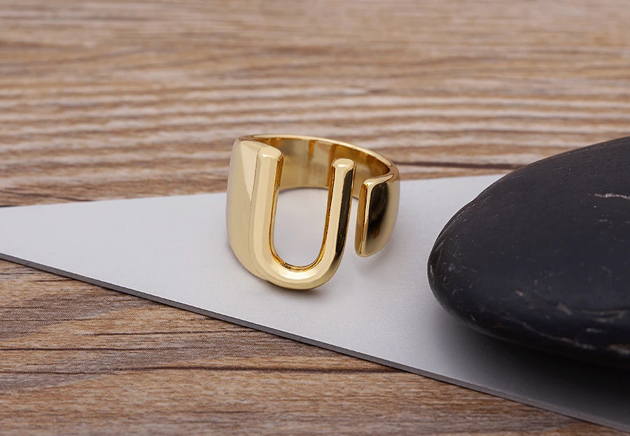 Trendy Hollow A-Z Letter Gold Color Adjustable Opening Ring Initials Name Alphabet Female Chunky Wide Party Wedding Jewelry
