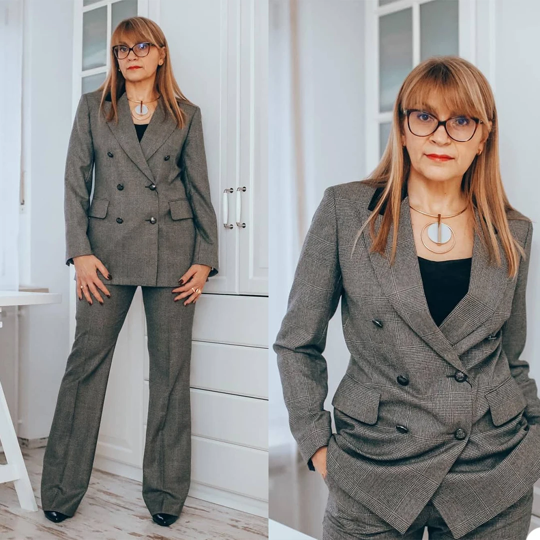 

Elegant Fashion Women Plaid Blazer Suits New Designed Double Breasted 2 Pieces Set Office Lady Casual Daily Check Coat