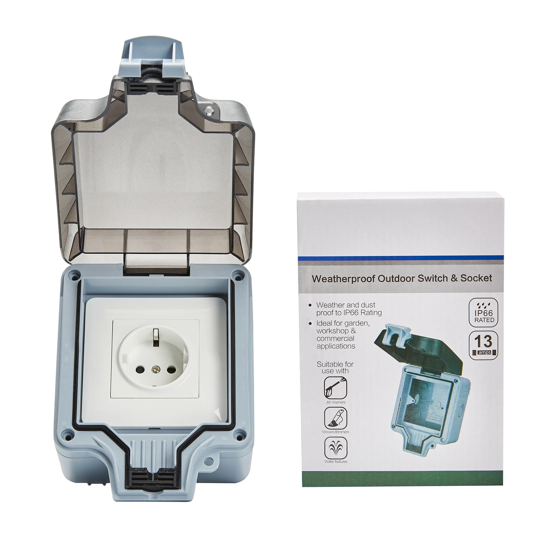 

EU UK FR Wall Plug Socket IP66 Waterproof Socket with Splash Box Outdoor Power Electrical Socket Plastic Material