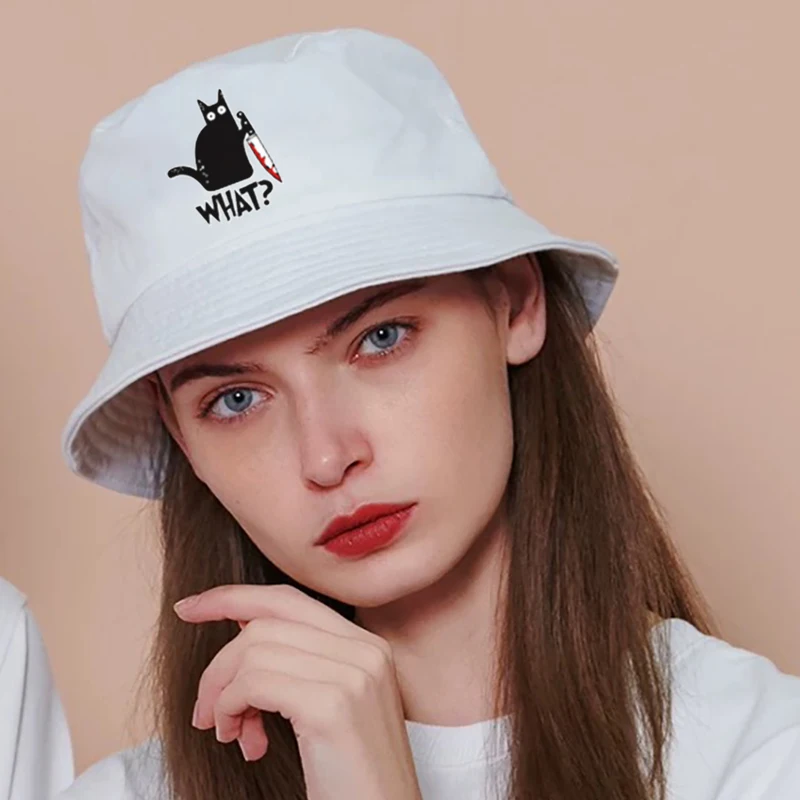 Little Black Cat And Knife Funny Letter Men\'S Panama Hat Unisex Fashion Bucket Hats For Man Casual Cotton Women Fisherman Caps