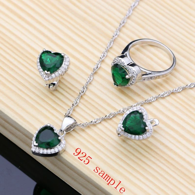 Fashion Women 925 Sterling Silver Jewelry Sets Heart Gem Emerald White Topaz Fine Bridal Jewelry Earrings Bracelet Necklace Sets