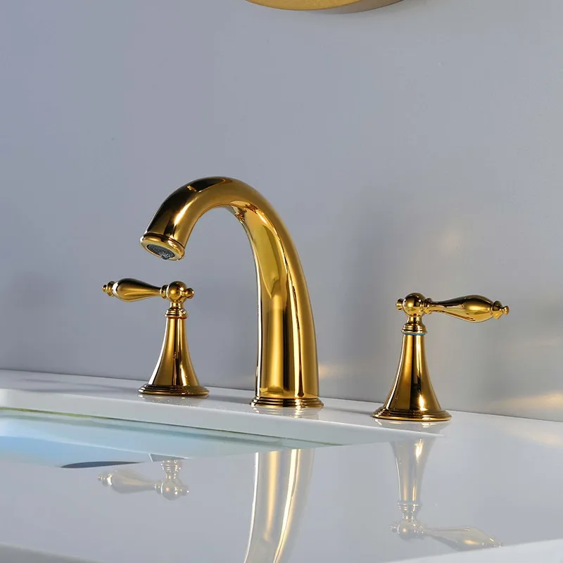 Gold brass bathroom sink faucet luxury Golden three holes two handle basin mixer faucet cold hot water high quality faucet