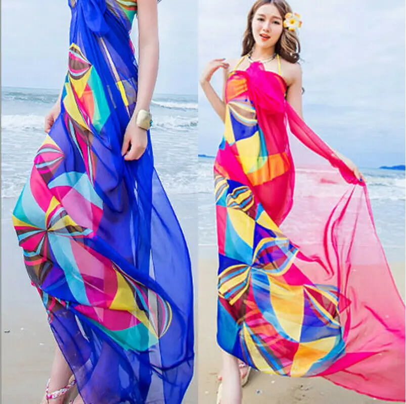 Summer Women Cover Up Chiffon Beach Bikini Print Sheer Loose Bandage Wrap Scarf Pareo Swimwear Sarong Ladies Beachwear