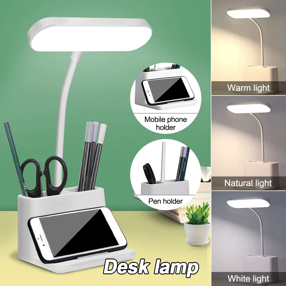 Study Dimmable LED Desk Lamp Eye-Caring USB Charging Kids Table Lamp with Pen Holder 3 Lighting Modes with 3 Brightless Levels