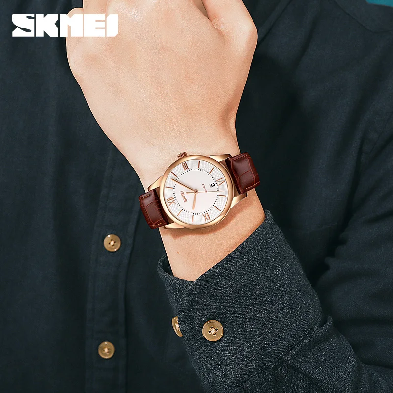 Official Brand SKMEI Quart Watch Luxury Leather Men\'s Wristwatches Business Casual Watches Man Calendar Men Watch For Gift