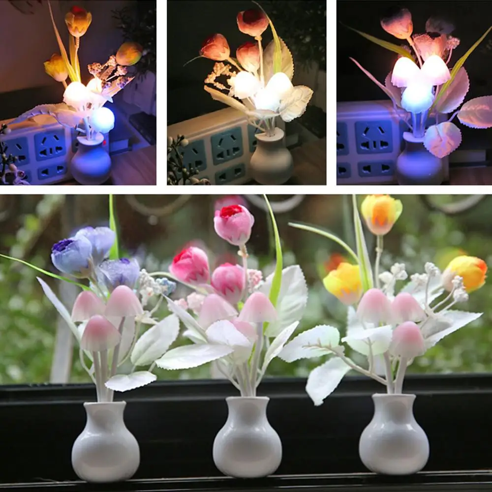 1W Led Kleurrijke Bloem Night Lights Luminous Lamp Eu Plug Sensor Thuis Slaapkamer Decoratie Nieuwigheid Licht Bloem Plant Nachtlampje