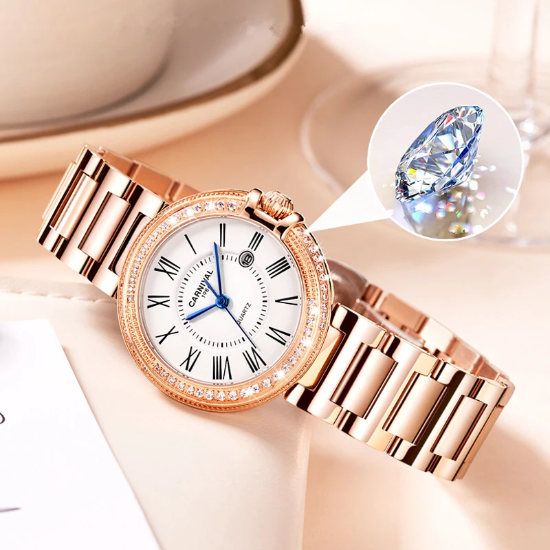 

Carnival Womens Fashion Quartz Watches Ladies Brand Luxury Rose Gold Silver Calendar Wristwatch Waterproof for Women Reloj Mujer