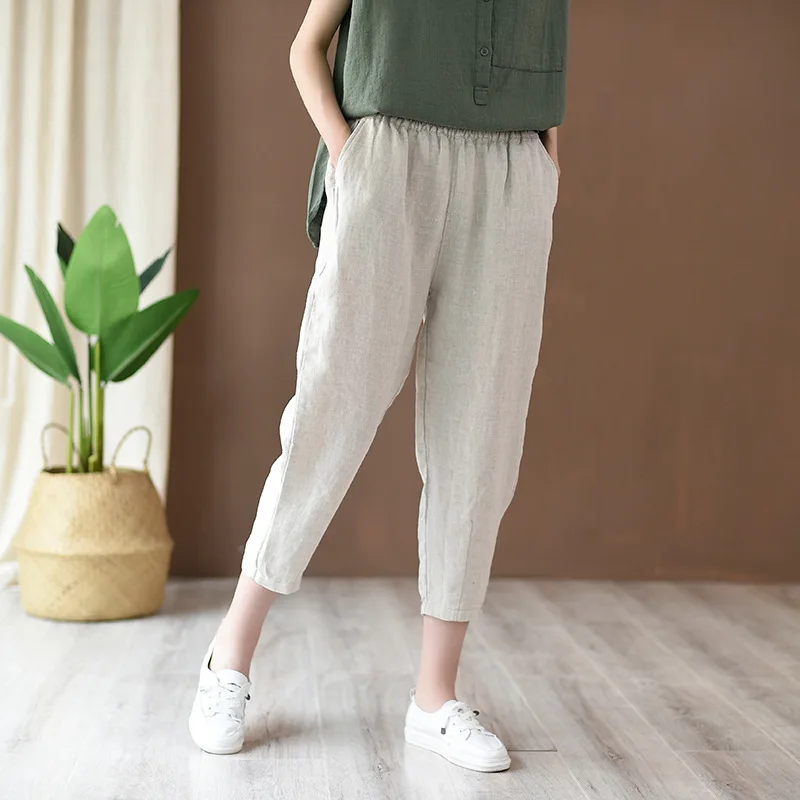 LZJN-Women's Cotton Linen Harem Pants, Vintage Elastic Waist Palazzo, Female Solid Cropped Pants, Summer, 2025