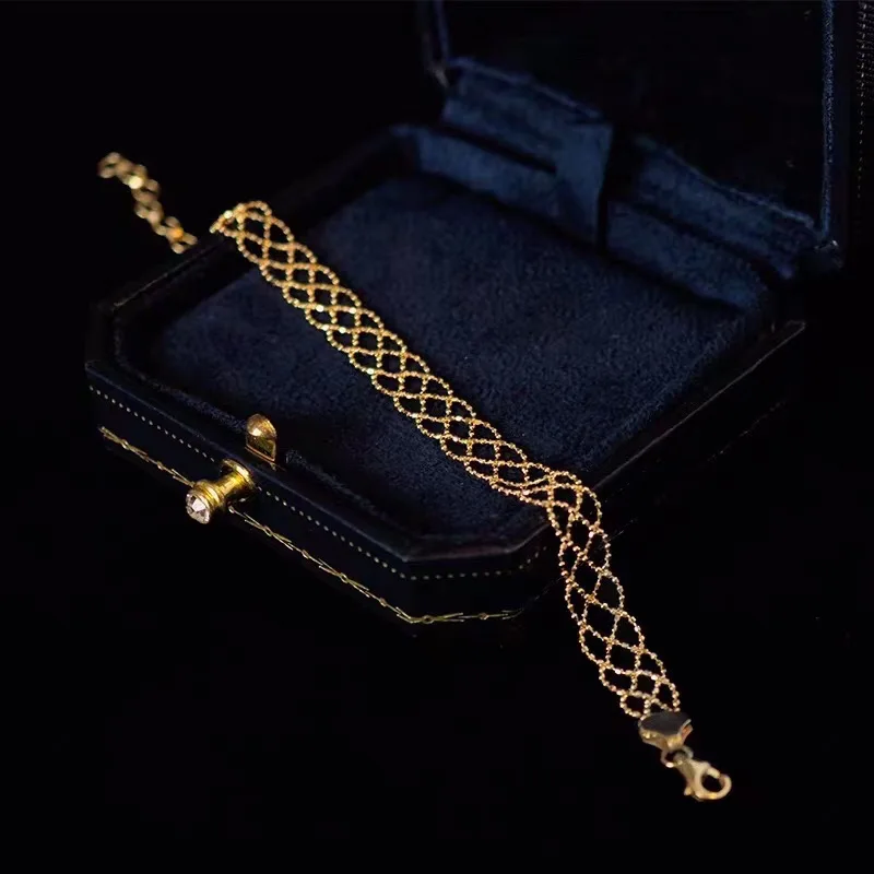 

MADALENA SARARA 18k Gold Women Bracelet Flat Round Gold Bead Weave Style Handmade High Quality Au750 Grid Chain Bracelet