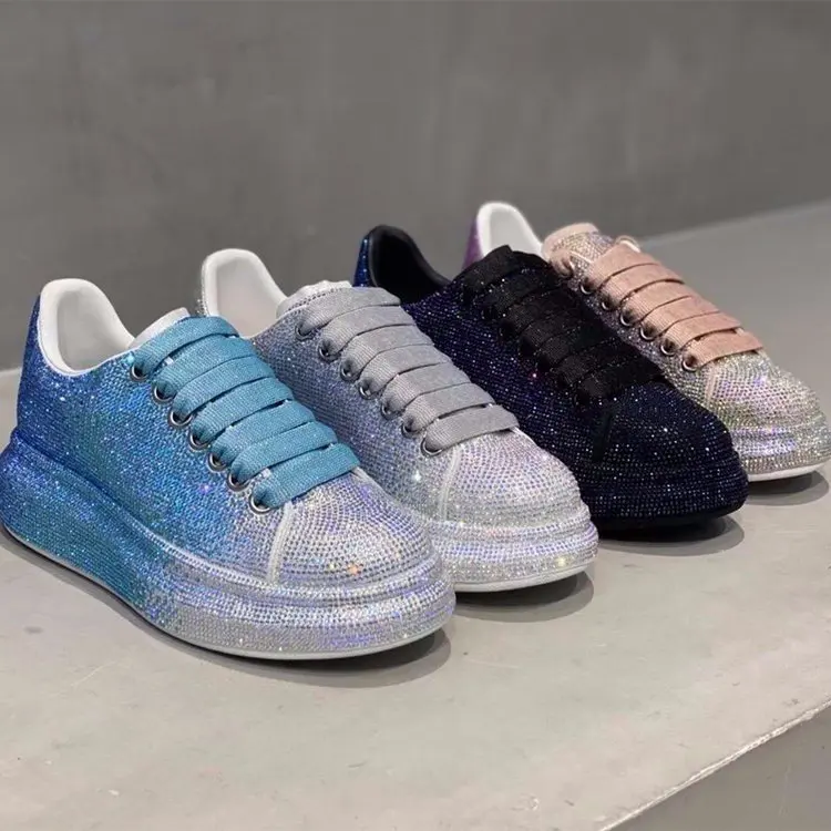 Baskets de Luxe à Plateforme pour Femme, Chaussures Décontractées, Strass, à la Mode