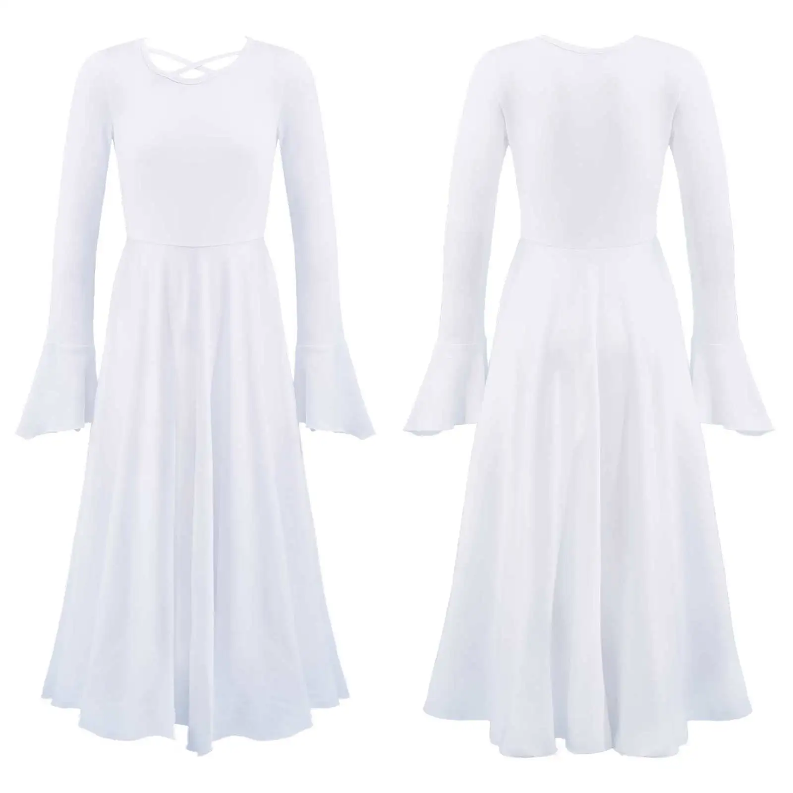 Kids Girls White Praise Liturgical Full Length Dress Girl Long Sleeve Lyrical Ballroom Dance Dress Church Christian Worship Wear