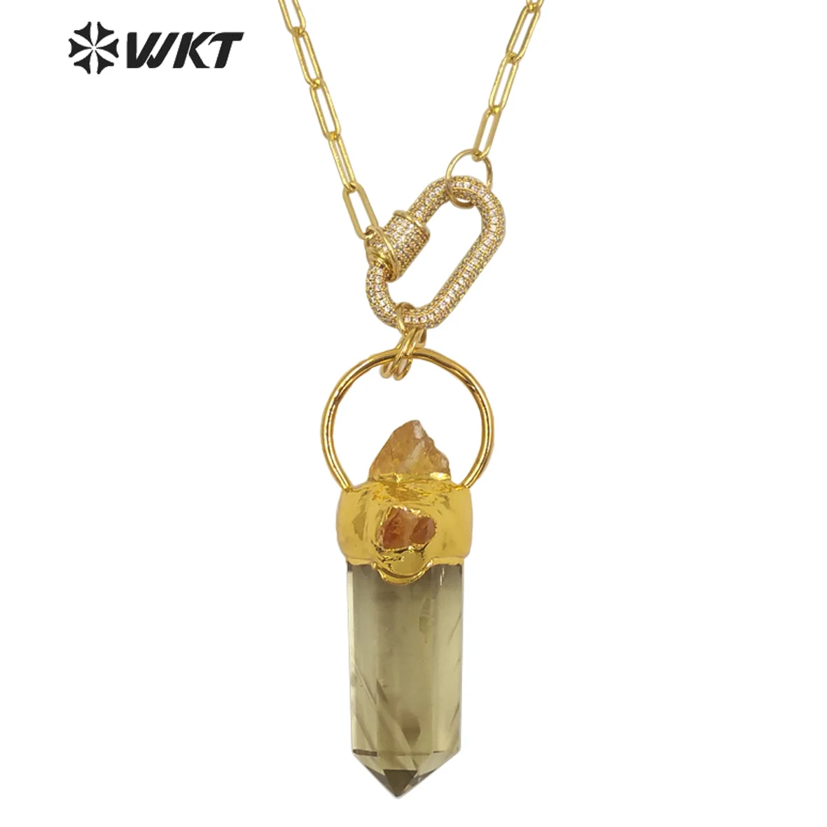 

WT-N1273 Unique Gold Electroplated Yellow Crystal Stone Big Pendant Necklace Women Chunky Citrines Raw Material Decoration