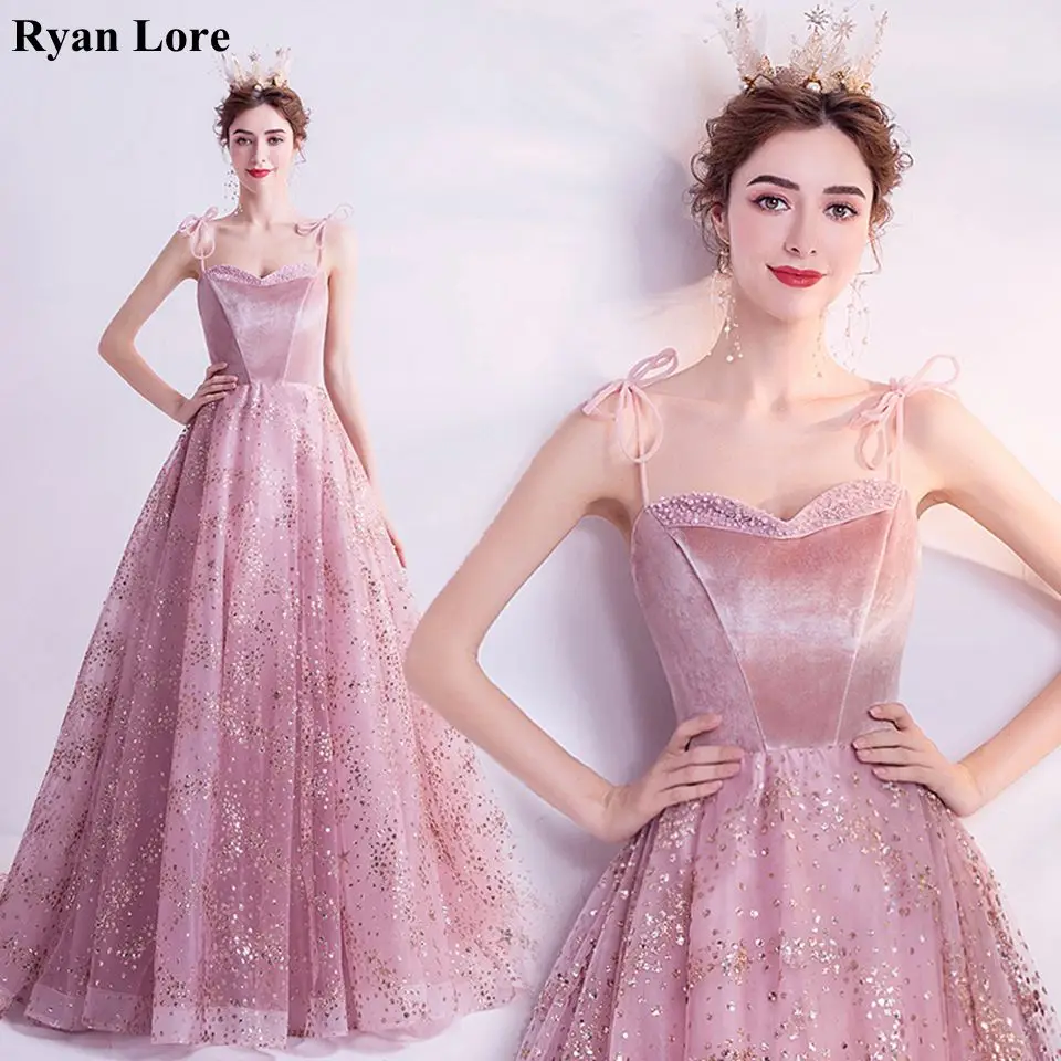 Vestido De noche largo y elegante para mujer, vestidos De fiesta con corte en A, con tirantes finos, lentejuelas brillantes, color rosa, 2020