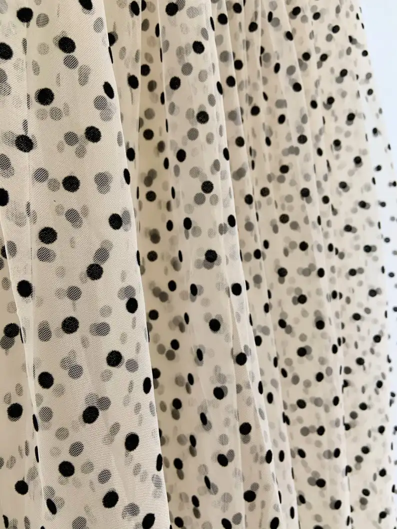 10 yards Tan Brown Black White Flocked Polka Dot Mesh Tulle Fabric High Quality Bridal Dress Wedding Decoration Fabric 2020