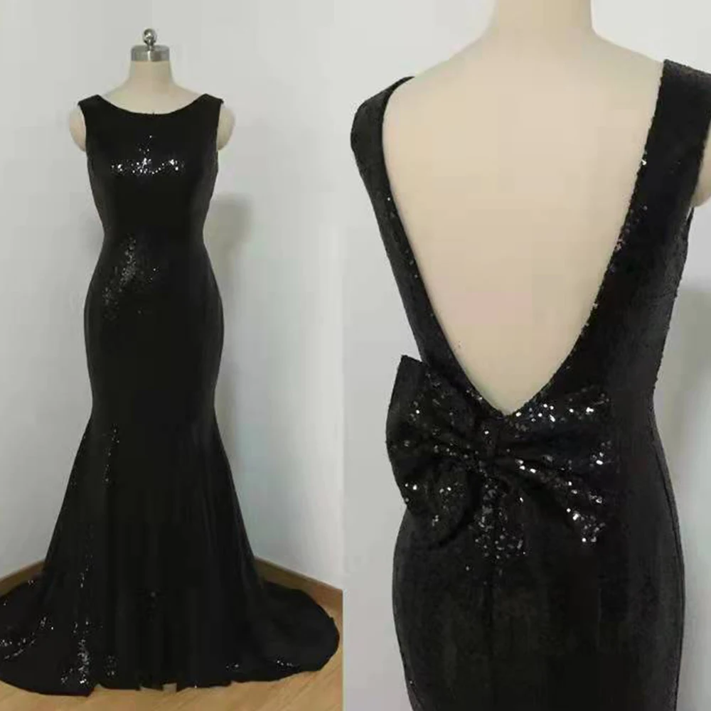 Vestidos de Noche de sirena con lentejuelas negras brillantes, sin mangas, cuello redondo, arco árabe con Espalda descubierta, para baile de graduación