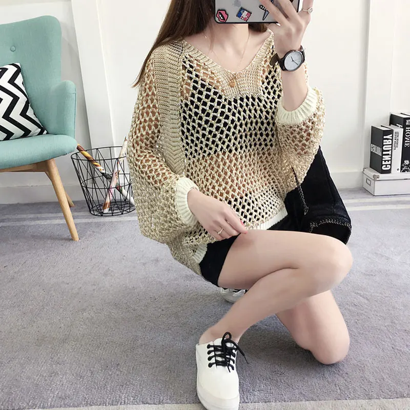 Sexy Women Knitted Pullover Mesh Hollow Sweater Female 2024 Spring Casual Top Bat Half Sleeve Casual Loose Knit Jumper Summer