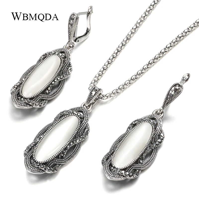 Wbmqda Hot Bohemian Big Opal Stone Earrings Necklace Boho Jewelry Sets Vintage Tibetan Silver Black Crystal Earrings For Women