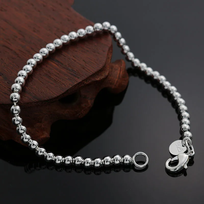 Piękna moda Elegancki łańcuszek z koralików 925 Sterling Silver 4MM Kobiety Śliczna bransoletka Wysokiej jakości wspaniała biżuteria — zdjęcie 4