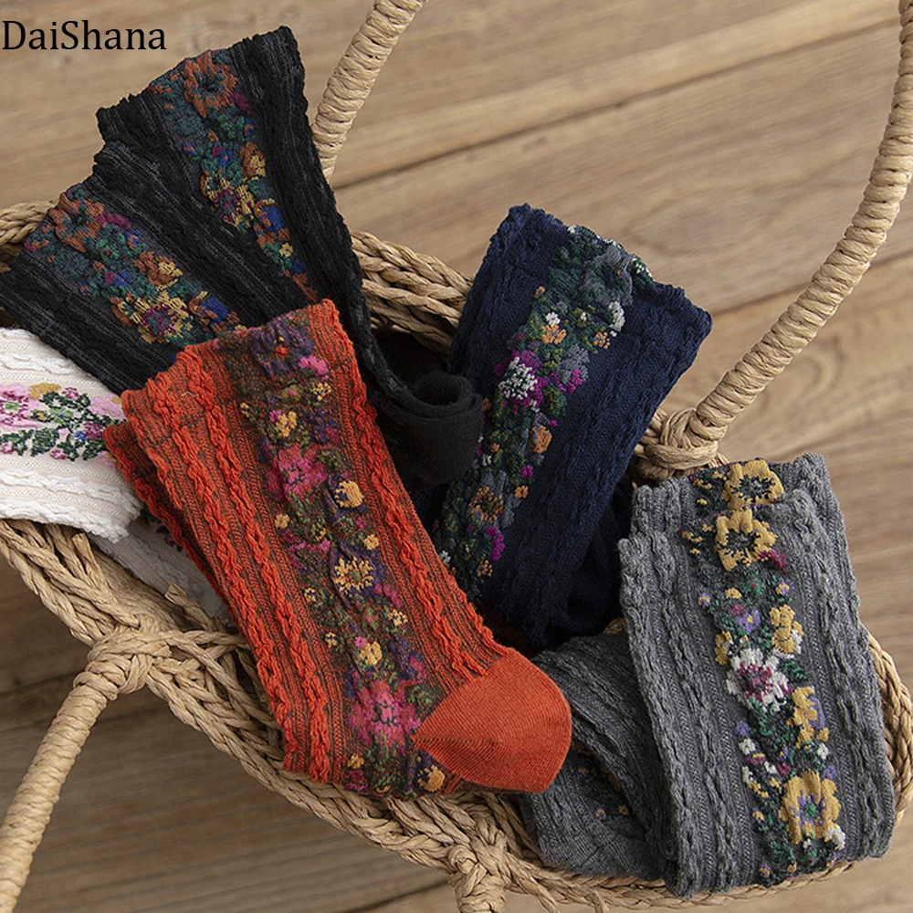 DaiShana 2019 New Fashion Women Socks Warm and Cute Euramerican National Wind-Flowers Autumn and Winter Ladies Cotton Mujer Sock