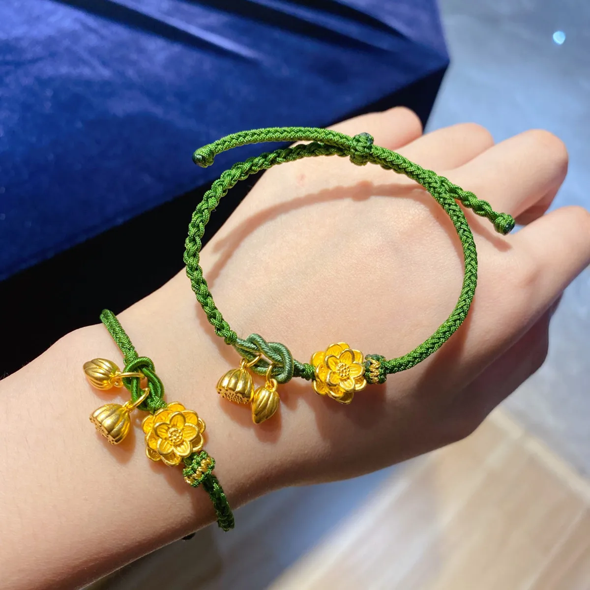 Pure 999 Real Gold Bracelet For Women Female DIY Couple Lover Small Lotus For Women Green String Rope Bracelet 16cmL Jewelry